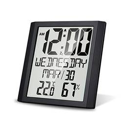 Wemay Relógio de parede digital com temperatura e umidade 8,6 '' Tela grande Hora/data/semana Despertador e soneca ? / ? higrômetro interno selecionável Monitor de tempo preciso para