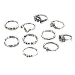 Holibanna Conjunto de anéis de dedo de prata antiga vintage 10 peças com coroa de strass conjunto de anéis de unha articulados para meninas e mulheres