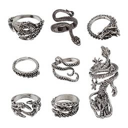 Holibanna 8 anéis vintage estilo punk polvo dragão cobra anéis abertos ajustáveis anel de declaração de rocha (polvo, garra de dragão, corpo de cobra)