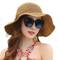 Chapéu de palha feminino dobrável feito à mão chapéu de palha de papel aba larga chapéu chapéu de verão praia chapéu flexível (cáqui)