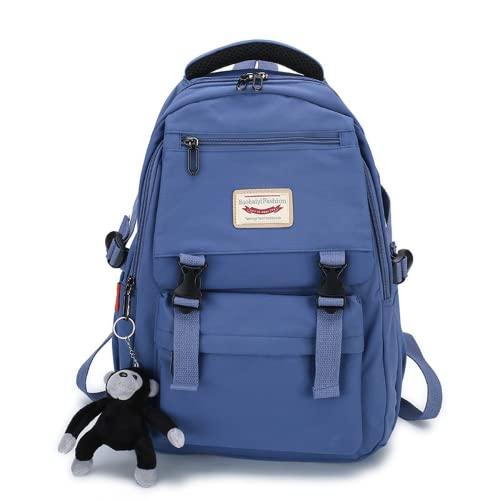 Mochila escolar casual mochila escolar para meninas meninos com alça mochila de nylon bolsa escolar bolsa de livro bolsa para laptop, Azul, With pendant