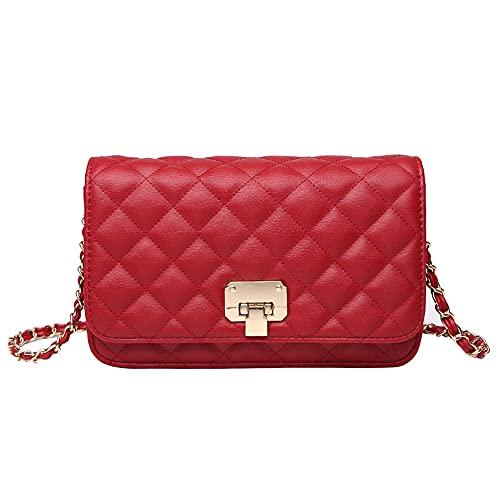 Bolsa de ombro feminina de couro bolsa de mão moderna bolsa de mão acolchoada com alça de corrente, Vermelho, Small, Clássico