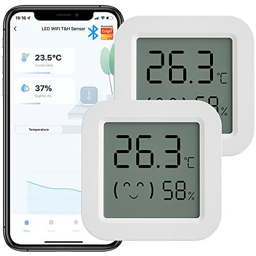Termômetro higrômetro Wifi, 2PCS Mini e preciso Interno Sensor de temperatura de umidade inteligente Medidor, Digital higrômetro, Visor sorridente para uma temperatura e humidade confortáveis