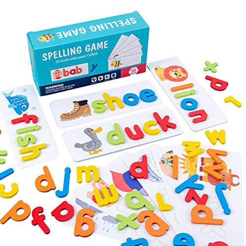 Jogo de palavras de soletração de madeira Cartão de reconhecimento de letras Enigma Montessori STEM Brinquedo educacional inicial para maiores de 3 anos de idade para meninos e meninas
