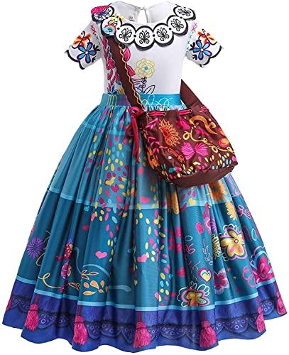Fantasia Isabella Luisa Encanto com vestido de bolsa vestido Mirabel Encanto para meninas Encanto Festa de Aniversário (Cor: Mirabei B, Tamanho: 130 (6-7 anos)