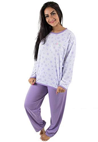 Pijama Longo Feminino Malha Florido (G, Lilás)