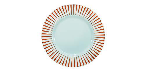 Estojo com 6 pratos rasos. Modelo redondo aba larga. Decoração sol laranja. Fabricado pela porcelana schmidt.