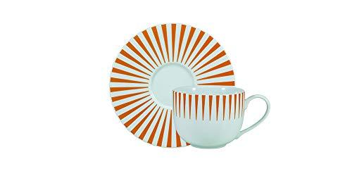 Estojo com 6 xícaras de chá com pires. Modelo redondo aba larga. Decoração sol laranja. Fabricado pela porcelana schmidt.