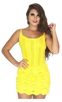 Vestido Curto Renda Crochê Tricot - Amarelo - G