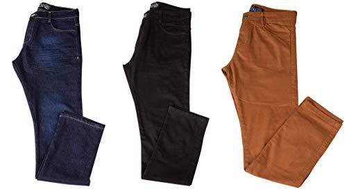 Kit com 3 Calças Jeans Sarja Masculina Skinny Slim com Lycra - Jeans Escuro, Preta e Caqui - 38