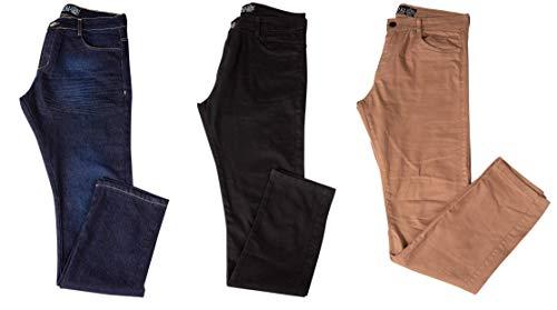 Kit com 3 Calças Jeans Sarja Masculina Skinny Slim com Lycra - Jeans Escuro, Preta e Bege - 44