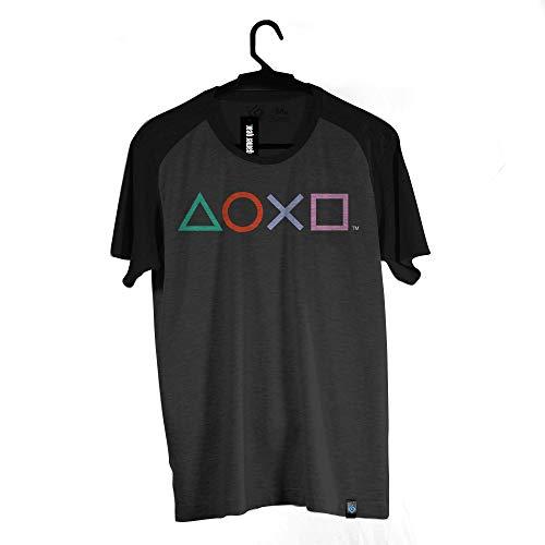 Camiseta Brand Botões, Playstation, Adulto Unissex, Cinza/Preto, M