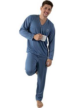 Pijama Longo Masculino Malha Gola V (M, Azul-Acinzentado)