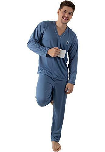 Pijama Longo Masculino Malha Gola V (P, Azul-Acinzentado)