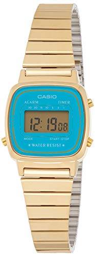 "Relógio Feminino Casio, Vintage, Caixa de 2,5 cm, Pulseira de Aço Dourada, Caixa de Resina, Formato 12/24 HS, Calendário - LA670WGA-2DF"