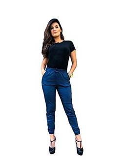 Calça Bomber Jogger Feminina Com Cordão Bengaline (Azul Jeans, M)