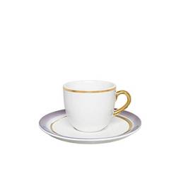 1 Cj C/6 Xícaras De Chá Com Pires Coup Glam - Em21-4990 Oxford Branco, Llilas E Ouro De Microondas