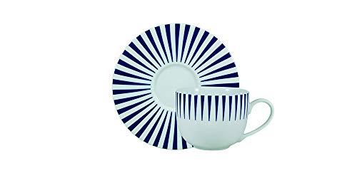 Estojo com 6 xícaras de chá com pires. Modelo redondo aba larga. Decoração sol azul. Fabricado pela porcelana schmidt.