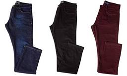 Kit com 3 Calças Jeans Sarja Masculina Skinny Slim com Lycra - Jeans Escuro, Preta e Vinho - 42