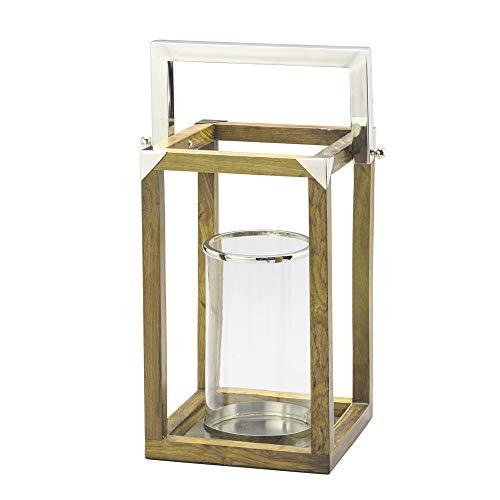 Lanterna Decorativa com Alça de Aço com Estrutura de Madeira e Vidro para Vela Lyor Amadeirado/Transparente