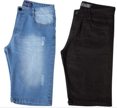 Kit com Duas Bermudas Masculinas Jeans e Sarja Coloridas com Lycra - Jeans Claro e Preta - 42
