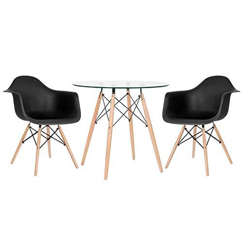Kit - Mesa de vidro Eames 80 cm + 2 cadeiras Eames Daw preto