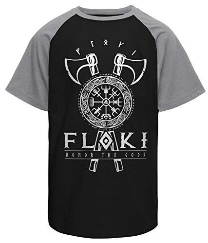 Camiseta masculina raglan Vikings Floki Hammer of Gods preta e mescla Live Comics tamanho:G