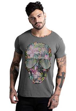 Camiseta Masculina Estonada Corte à Fio Estampada Joss Caveiras Flores Colorida Chumbo