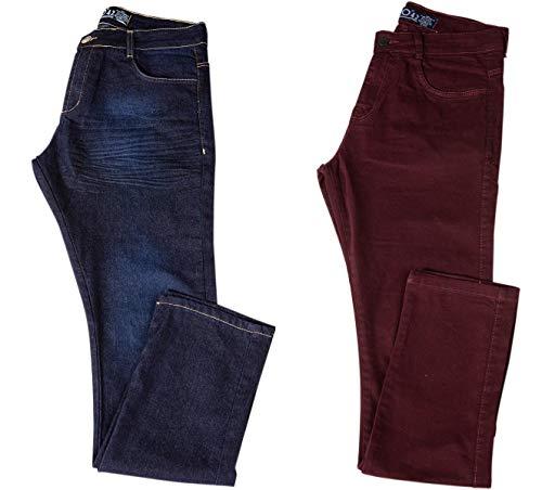 Kit com Duas Calças Masculinas Jeans e Sarja Coloridas com Lycra - Jeans Escuro e Vinho - 44