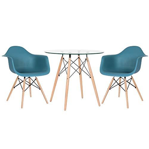 Kit - Mesa de vidro Eames 80 cm + 2 cadeiras Eames Daw turquesa