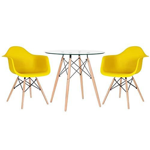 Kit - Mesa de vidro Eames 80 cm + 2 cadeiras Eames Daw amarelo