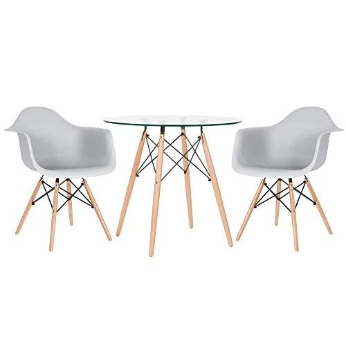 Kit - Mesa de vidro Eames 80 cm + 2 cadeiras Eames Daw cinza claro