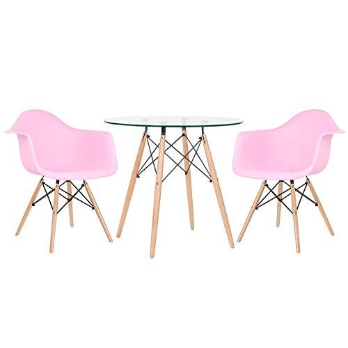 Kit - Mesa de vidro Eames 80 cm + 2 cadeiras Eames Daw rosa
