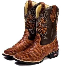 Bota Texana Masculina Rodeio Escamada Couro Bico Quadrado Marrom-Marrom, 40