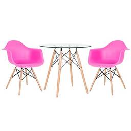 Kit - Mesa de vidro Eames 80 cm + 2 cadeiras Eames Daw rosa pink