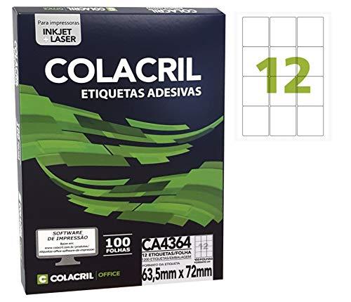 Etiqueta Adesiva A4, 63.5 mm x 72.0 mm, 100 Folhas, Colacril, CA4364, Branco, pacote de 1200