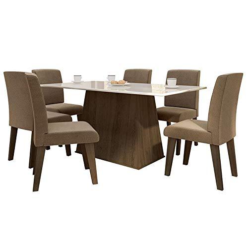 Conjunto de Mesa para Sala de Jantar com 6 Cadeira Florença Fit - Dobue - Castanho/Branco off/Castor