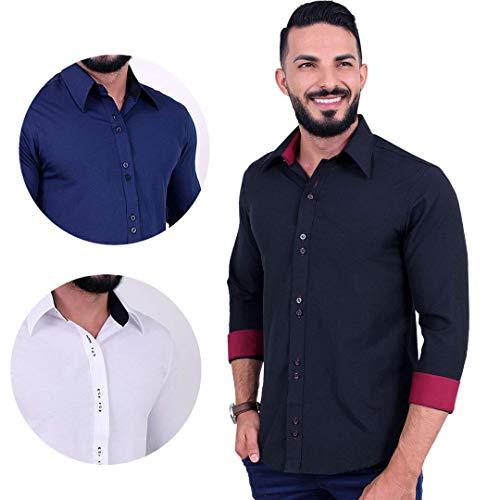 kit camisa masculina manga comprida que não amassa, Azul Marinho, Preta e Branca (GG)