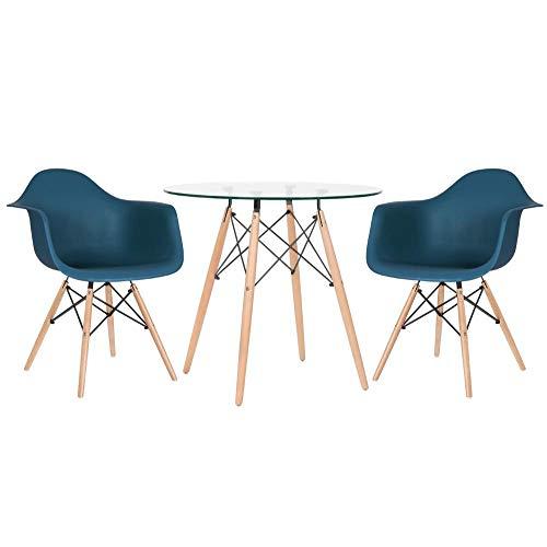 Kit - Mesa de vidro Eames 80 cm + 2 cadeiras Eames Daw azul petróleo