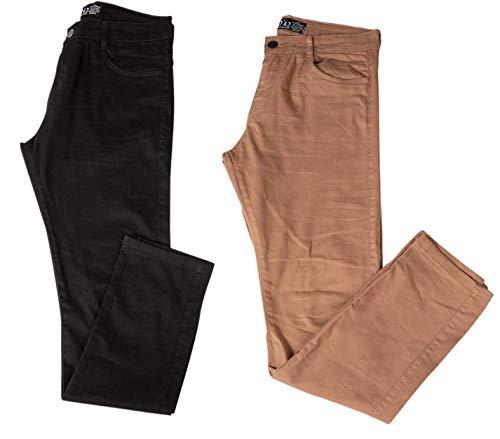 Kit com Duas Calças Masculinas Jeans e Sarja Coloridas com Lycra - Preta e Bege- 44