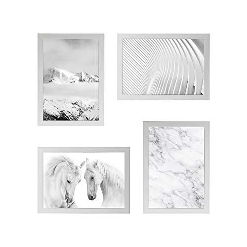 Conjunto Quadros Decorativos Cavalos Off White Moldura Branca 58x58cm - Prolab Gift