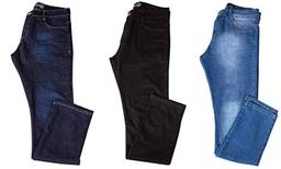 Kit com 3 Calças Jeans Sarja Masculina Skinny Slim com Lycra - Jeans Escuro, Preta e Claro - 42