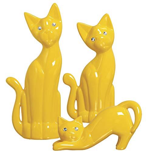 Trio De Gatos G, Peq E Agachado Ceramicas Pegorin Amarelo