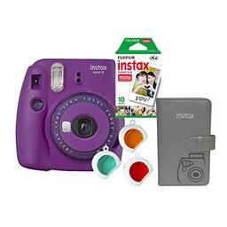Câmera Fujifilm Instax MINI9 Roxo Açaí c/ 3 filtros + Álbum em formato de carteira p/ 108 fotos + Pack 10 fotos