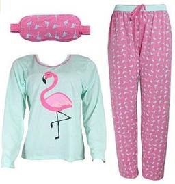 Kit Pijama Flamingo Mãe e filha Adulto Infantil Com Tapa Olho Manga Longa (P/8)