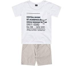 Conj. Infantil Camiseta Branca Frases e Bermuda Sarja Bege Menino Mundi 1 Ano