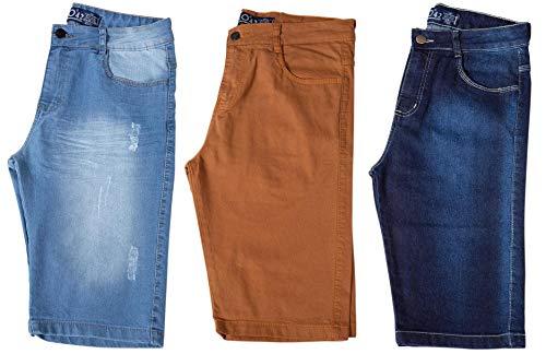 Kit com 3 Bermudas Masculinas Sarja Jeans Short Slim Lycra Brim - Caqui,Jeans Escuro e Jeans Claro - 38