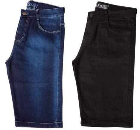 Kit com Duas Bermudas Masculinas Jeans e Sarja Coloridas com Lycra - Jeans Escuro e Preta - 38