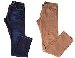 Kit com Duas Calças Masculinas Jeans e Sarja Coloridas com Lycra - Jeans Escuro e Bege - 42