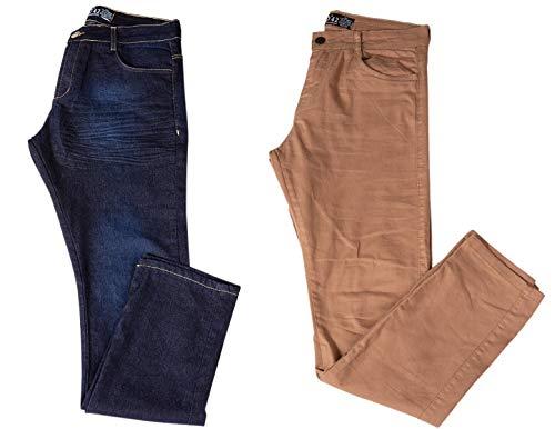 Kit com Duas Calças Masculinas Jeans e Sarja Coloridas com Lycra - Jeans Escuro e Bege - 38